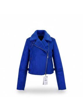 Bershka Womens Blue Faux Shearling Biker Jacket With Zipper Pockets Size S